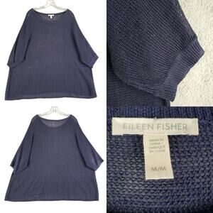 Eileen Fisher Sweater Womens Size Medium M Navy Blue Oversized Linen Open Knit